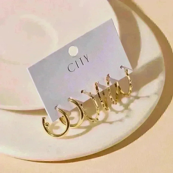 Set of 3 Pairs of Flat Bar Hoop Earrings - Picture 1 of 4